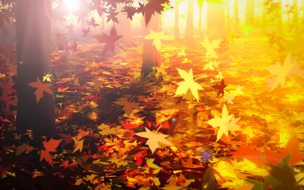 A vibrant 4K Ultra HD anime scene of autumn nature, featuring golden and red leaves falling gently in a sunlit forest.