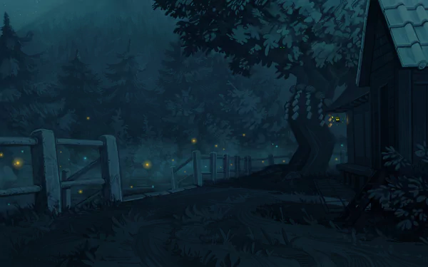 A serene, dark forest scene from Touhou anime, featuring glowing fireflies along a wooden fence under a starry night sky, rendered in 4K Ultra HD for a PC wallpaper.