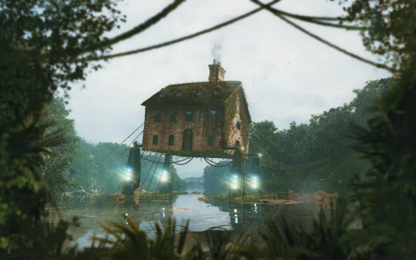 HD wallpaper of an enchanting house on stilts by a misty river, framed by foliage, with glowing lanterns at twilight.