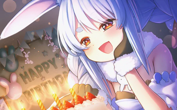 HD anime wallpaper featuring Usada Pekora from Hololive with blue hair and animal ears, smiling beside a birthday cake with lit candles.