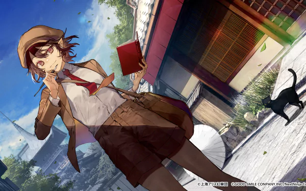 Aya Shameimaru (Touhou) anime 5K Ultra HD PC desktop wallpaper: Aya in reporter outfit holding a red notebook, windblown scarf, crow at her feet on a tilted sunlit village street.