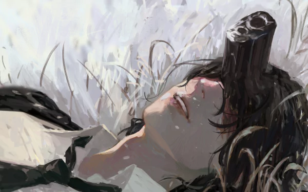 Aki Hayakawa from Chainsaw Man lies peacefully in tall grass, depicted in a detailed 4K Ultra HD anime-style wallpaper for PC desktops.