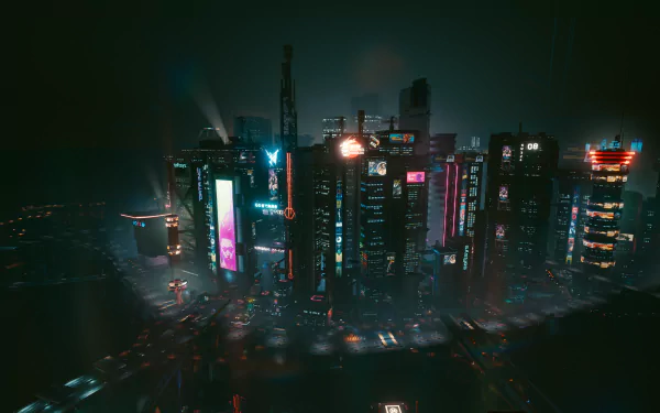 Night City skyline from Cyberpunk 2077 at night, showcasing neon-lit skyscrapers and a futuristic urban atmosphere in 4K Ultra HD for PC desktop wallpaper.