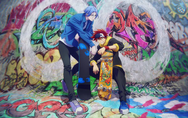HD desktop wallpaper featuring anime characters Reki Kyan and Langa Hasegawa from SK8 the Infinity, standing in front of colorful graffiti art.