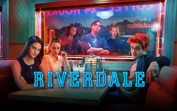 HD wallpaper of Riverdale TV show featuring characters portrayed by KJ Apa, Lili Reinhart, Madelaine Petsch, Cole Sprouse, Ashleigh Murray, and Camila Mendes in a neon-lit diner.