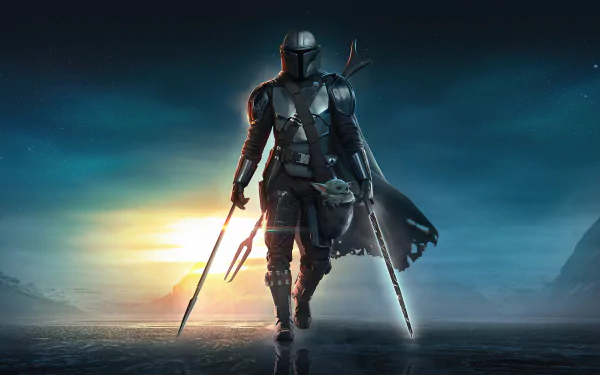 4K Ultra HD wallpaper of The Mandalorian carrying Grogu (Baby Yoda) against a dramatic sunset backdrop from the Star Wars TV show The Mandalorian.