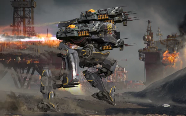 HD desktop wallpaper featuring a War Robot amidst a battle scene with explosions and industrial structures in the background.
