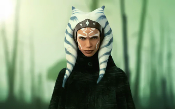 Ahsoka Tano, portrayed by Rosario Dawson, in a moody forest scene from The Mandalorian TV show, featured as a 4K Ultra HD desktop wallpaper.