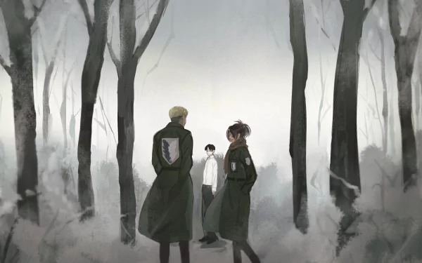 Anime-style HD desktop wallpaper featuring Levi Ackerman, Hange Zoë, and Erwin Smith from Attack on Titan standing in a misty, leafless forest.