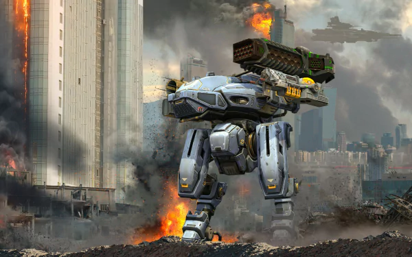 A striking HD wallpaper featuring a towering robot from the video game War Robots, set against a backdrop of urban destruction and fiery explosions.