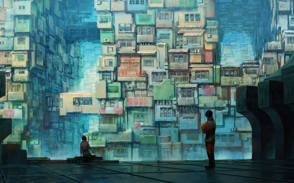 Futuristic sci-fi cityscape with towering, stacked structures and two people observing the scene in a detailed 4K Ultra HD PC desktop wallpaper.