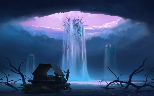 A high-definition fantasy landscape featuring a dramatic sky with a mystical waterfall pouring from above, surrounded by dark, twisted trees. This image serves as an engaging desktop wallpaper and background.