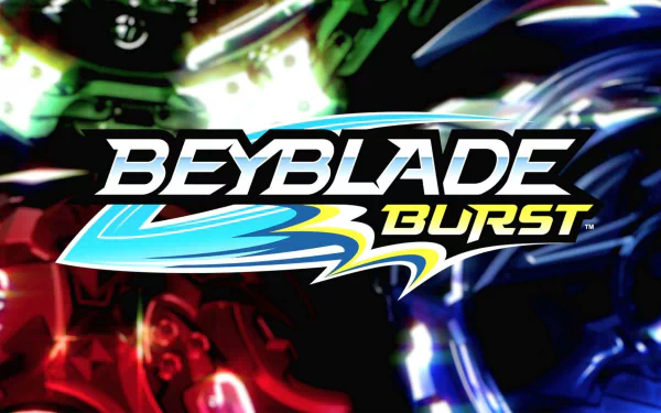 HD wallpaper featuring the dynamic Beyblade Burst logo with vivid colors and spinning tops in the background.
