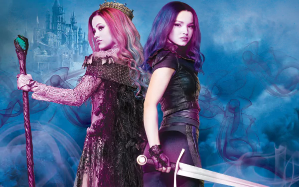 HD desktop wallpaper featuring two characters from Descendants, with a magical castle background.