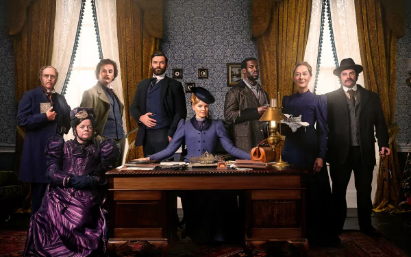 HD desktop wallpaper featuring characters from Miss Scarlet and the Duke posed in a vintage room setting.