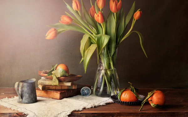 tangerine vase tulip bouquet book flower photography still life HD Desktop Wallpaper | Background Image