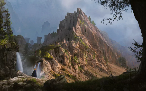 A 4K Ultra HD fantasy landscape depicting a towering rocky mountain with ancient ruins, surrounded by mist and waterfalls, set against a dramatic sky.