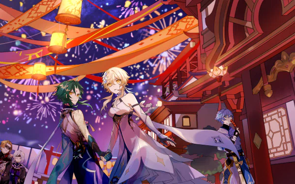4K Ultra HD Genshin Impact wallpaper featuring characters Chongyun, Xiao, Ningguang, Lumine, Keqing, and Ganyu under lanterns and fireworks at night.