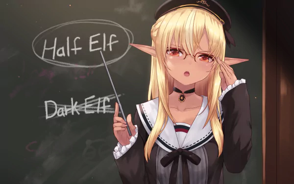 HD desktop wallpaper featuring Shiranui Flare, a Virtual YouTuber from Hololive. The anime character has blonde hair, red eyes, pointed ears, and is wearing a hat while pointing at a chalkboard labeled Half Elf and Dark Elf.
