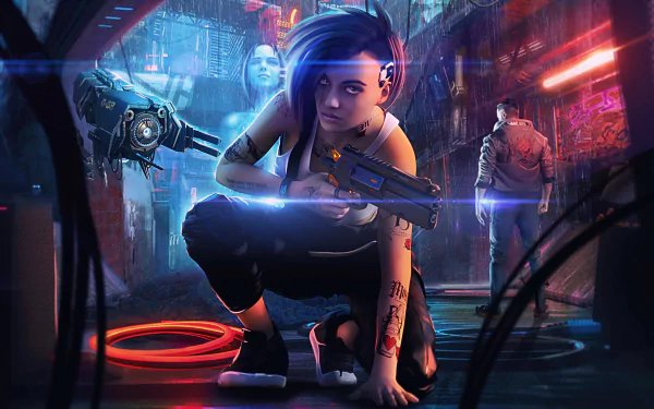 Judy from Cyberpunk 2077 crouches with a gun in a neon-lit futuristic alley, captured in vibrant 4K Ultra HD PC desktop wallpaper style.