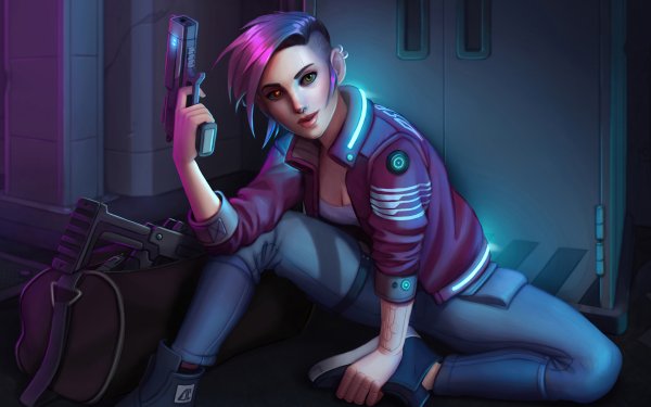 Sci Fi Cyberpunk Gun Short Hair Purple Hair HD Wallpaper | Background Image