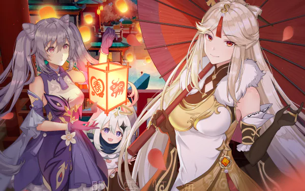 HD Genshin Impact desktop wallpaper featuring Paimon, Ningguang, and Keqing in vibrant night market setting with glowing lanterns.