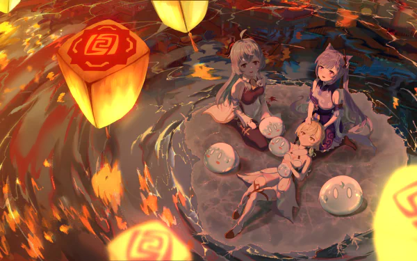 HD desktop wallpaper featuring Lumine, Keqing, and Ganyu from Genshin Impact, relaxing on a floating platform surrounded by glowing lanterns in a mystical setting.