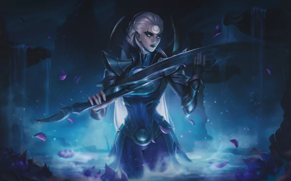 HD PC desktop wallpaper featuring Diana from League of Legends, depicted in dark armor wielding her crescent blade with a mystical, blue-toned background.