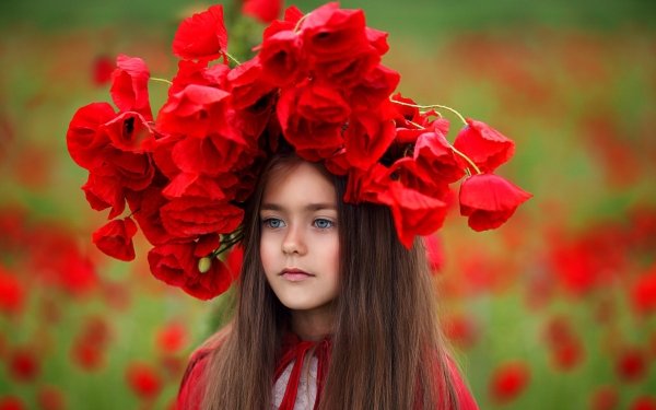 Photography Child Flower Wreath Blue Eyes Red Flower Brunette HD Wallpaper | Background Image