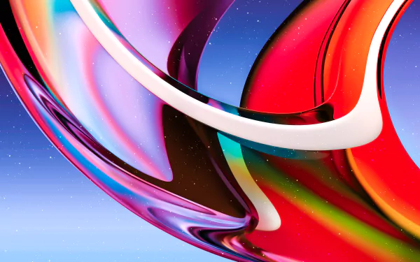 Abstract shapes and vibrant colors swirl in an 8K Ultra HD PC desktop wallpaper/background — glossy ribbons of red, purple, blue and green over a soft starry gradient.
