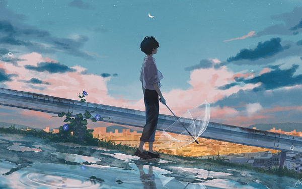 Anime Boy Umbrella Water Sky HD Wallpaper | Background Image