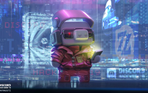 HD desktop wallpaper featuring a stylized character with a Discord theme in a digital, cyberpunk setting.