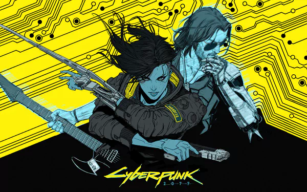 HD PC desktop wallpaper featuring Johnny Silverhand and V from the video game Cyberpunk 2077, set against a vibrant yellow circuit board background.