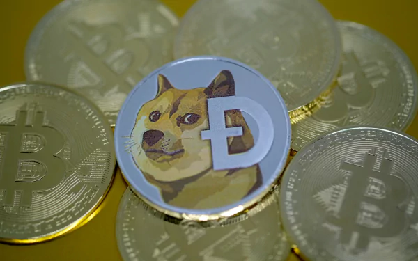 HD wallpaper featuring Dogecoin emblem atop a pile of Bitcoin-like coins, representing the cryptocurrency theme.