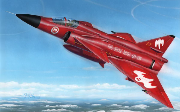 Red Saab 37 Viggen jet fighter warplane soaring above clouds, captured in 4K Ultra HD as a dramatic military aircraft desktop wallpaper.