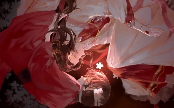 HD anime desktop wallpaper featuring Xie Lian, San Lang, and Hua Cheng from Heaven Official's Blessing (Tian Guan Ci Fu) and Crimson Rain Sought Flower, depicting His Royal Highness the Crown Prince of Xianle.