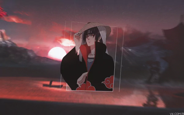HD desktop wallpaper featuring Itachi Uchiha from the anime Naruto, set against a backdrop of a glowing red sunset and dark mountains in a picture-in-picture style.