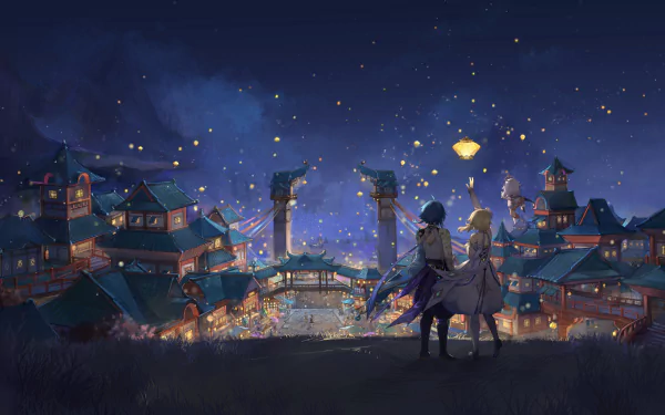 HD desktop wallpaper featuring Xiao, Lumine, and Paimon from Genshin Impact observing the Lantern Rite festival in the vibrant city of Liyue.