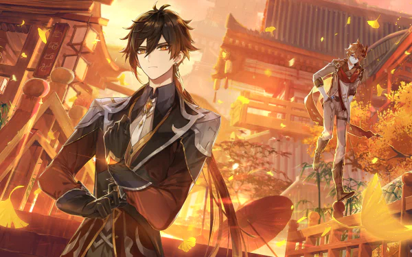 HD PC wallpaper featuring Zhongli and Tartaglia Childe from the video game Genshin Impact set against a warm, detailed, orange-hued cityscape background.