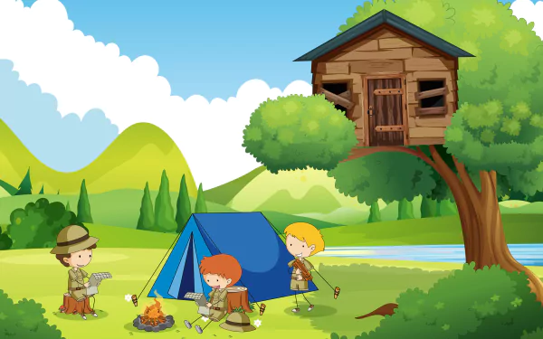 HD desktop wallpaper of a colorful camping scene with children, a tent, and a treehouse in a serene landscape.