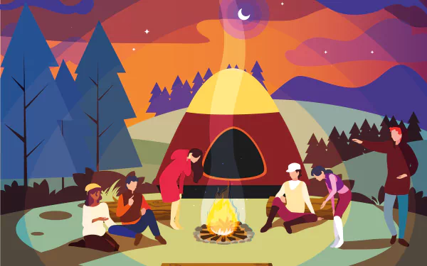 HD desktop wallpaper of people enjoying a campfire at night with a tent and trees under a starry sky.