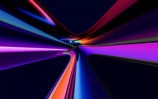 Abstract colors and glossy ribbons twist into a vibrant tunnel on a deep navy field — 8K Ultra HD PC desktop wallpaper and background.