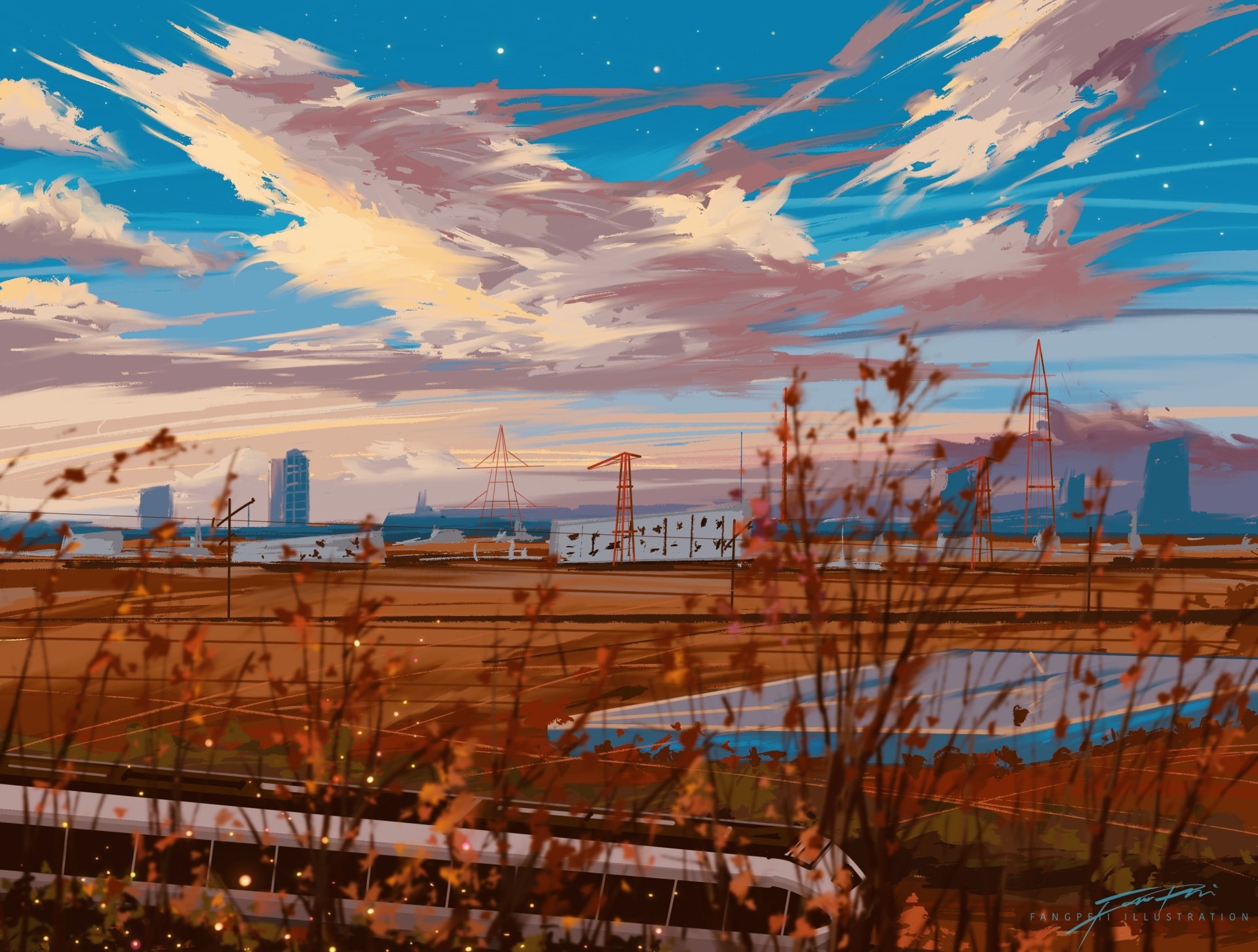 HD anime landscape wallpaper showcasing a vibrant sky with clouds over an industrial area, featuring cranes and silhouetted plants in the foreground.