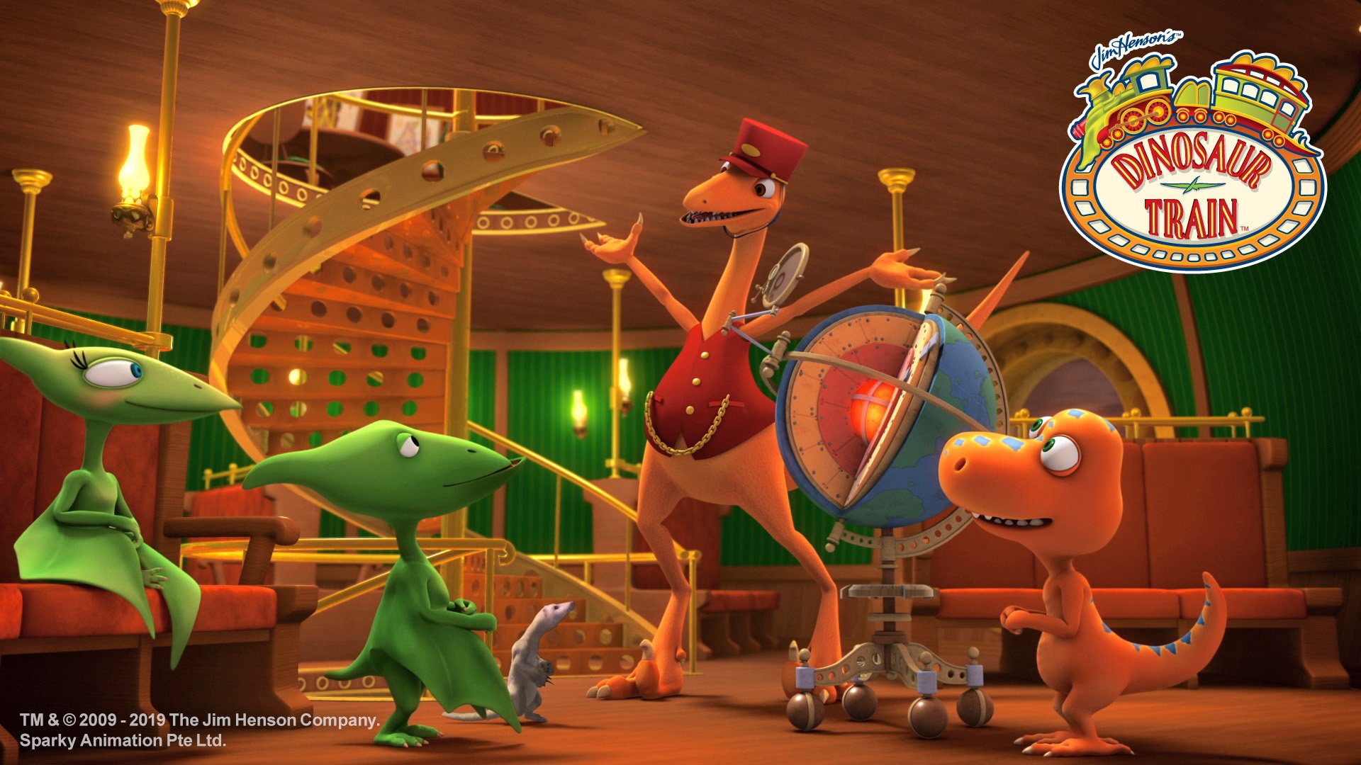 HD desktop wallpaper featuring characters from Dinosaur Train animated series in a vibrant, musical scene.