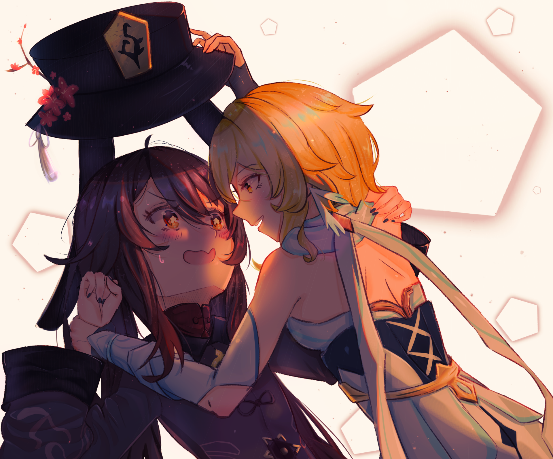 HD PC desktop wallpaper featuring Lumine and Hu Tao from Genshin Impact, showcasing their orange eyes, blonde and brown hair in a close, dynamic pose.