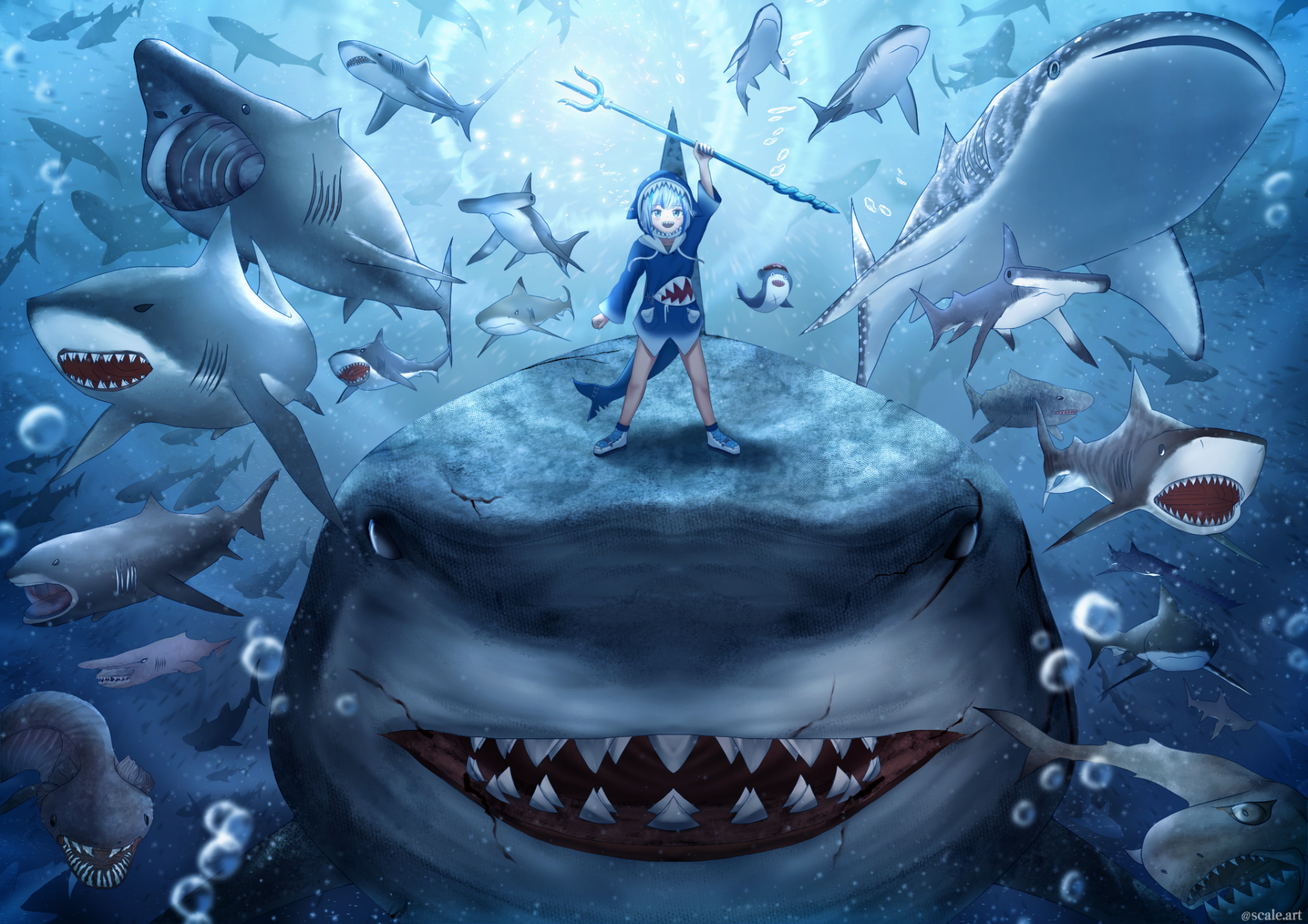 HD desktop wallpaper featuring Gawr Gura from hololive, a Virtual Youtuber. The anime character is standing atop a giant shark underwater, surrounded by many smaller sharks.
