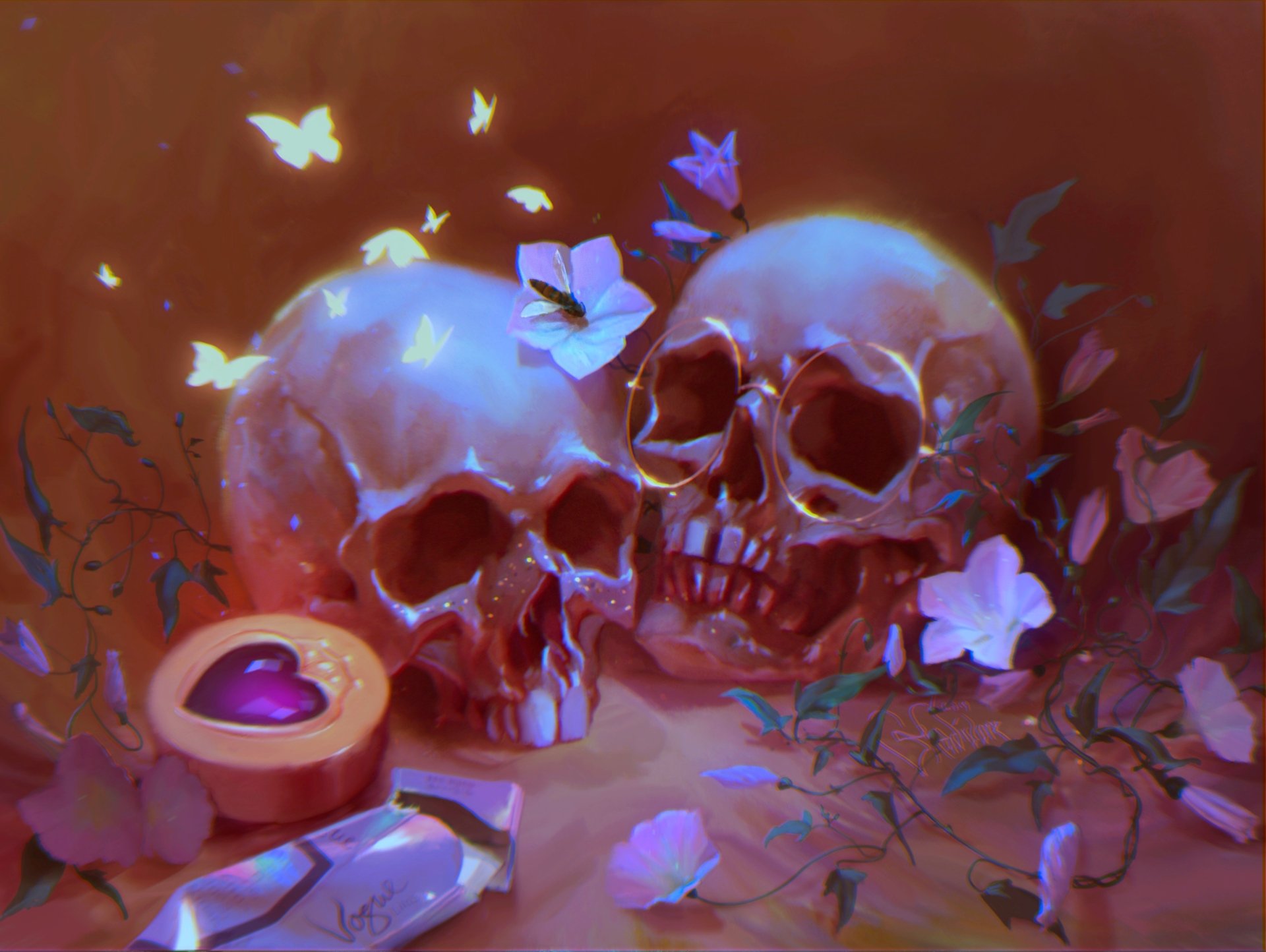 Dark 2K Quad HD PC desktop wallpaper of two illuminated skulls amid glowing butterflies, purple flowers and a jewel, bathed in eerie magenta light.