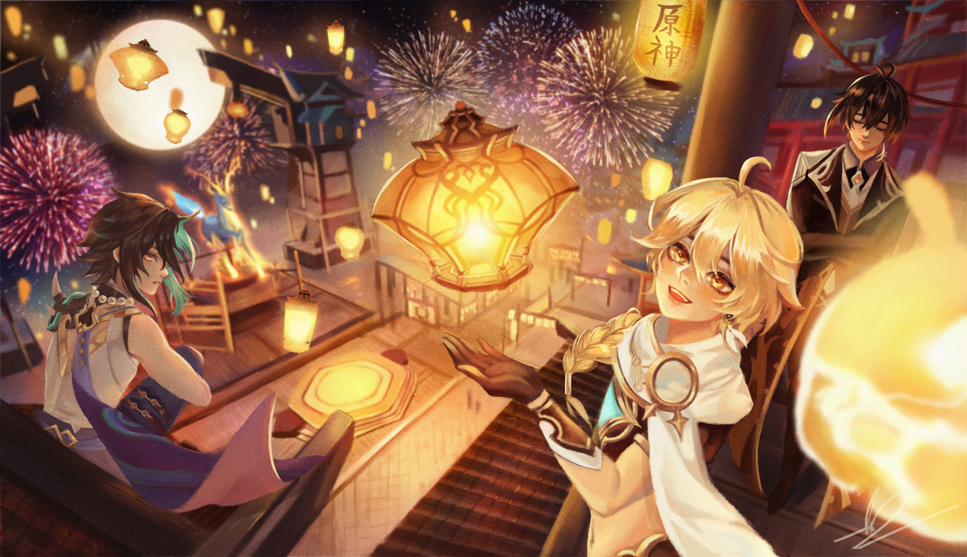 Download Lantern Rite (Genshin Impact) Zhongli (Genshin Impact) Xiao (Genshin Impact) Aether (Genshin Impact) Video Game Genshin Impact HD Wallpaper by Suisen