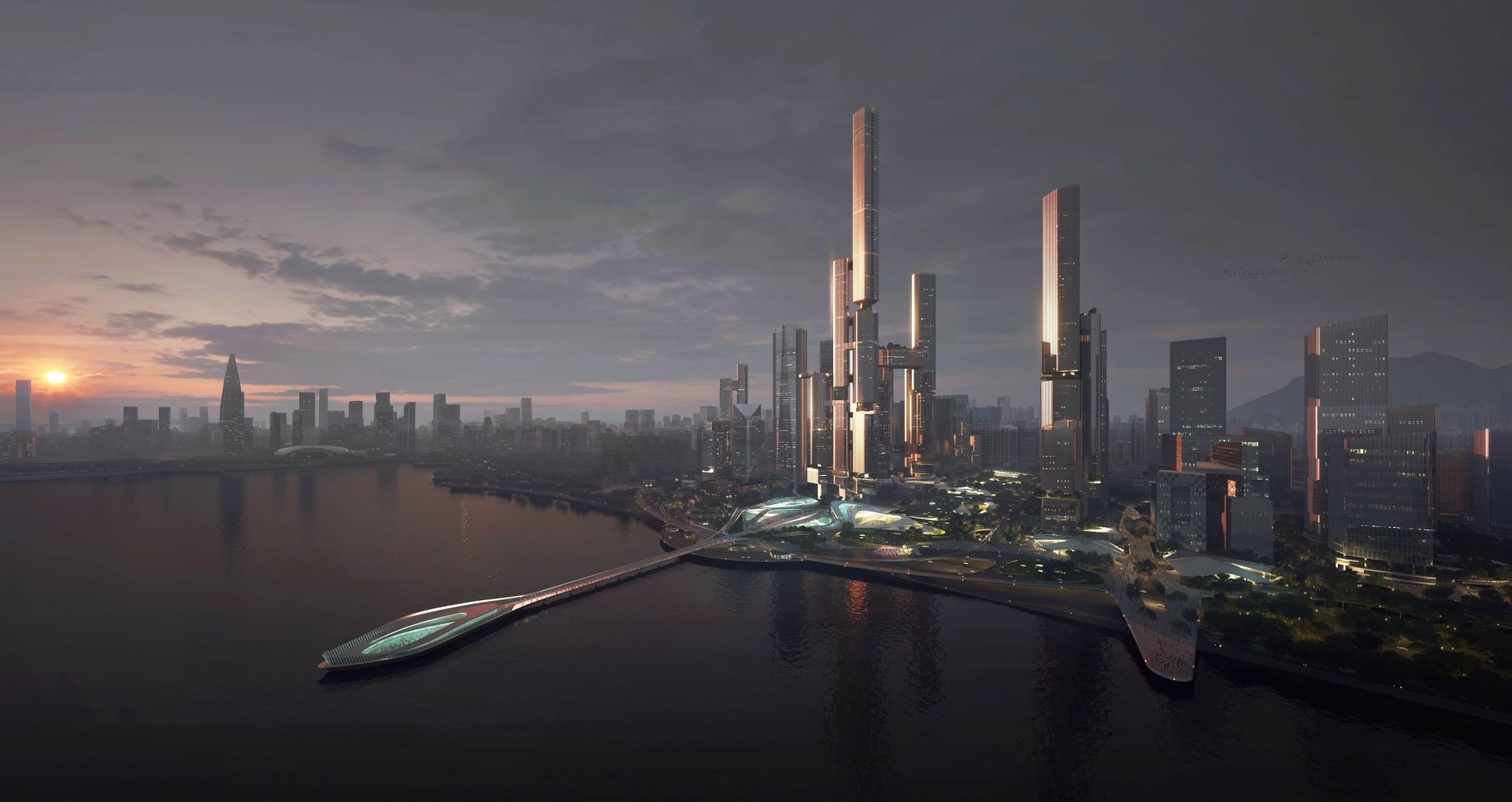 Futuristic sci-fi cityscape with towering skyscrapers by a river at dusk, rendered in 4K Ultra HD for a detailed PC desktop wallpaper background.