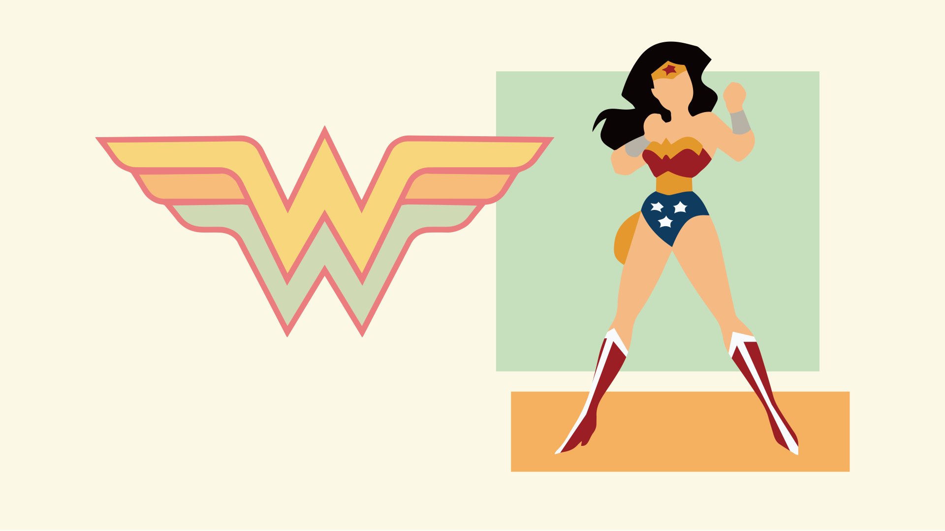 Minimalist Wonder Woman figure beside a stylized W logo in Justice League/DC Comics flat-color, comic minimalist design on geometric shapes — 8K Ultra HD PC desktop wallpaper and background.